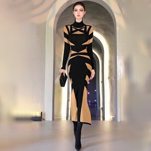 秋冬欧美几何拼色高领毛衣针织连衣裙2025新款时尚中长款鱼尾裙