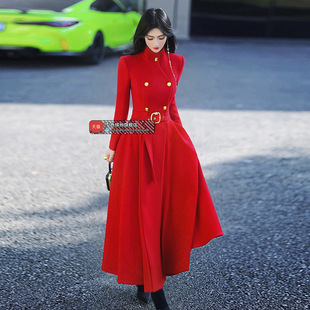 绵羊毛中长款过膝收腰红色大衣冬季新款英伦风气质毛呢外套