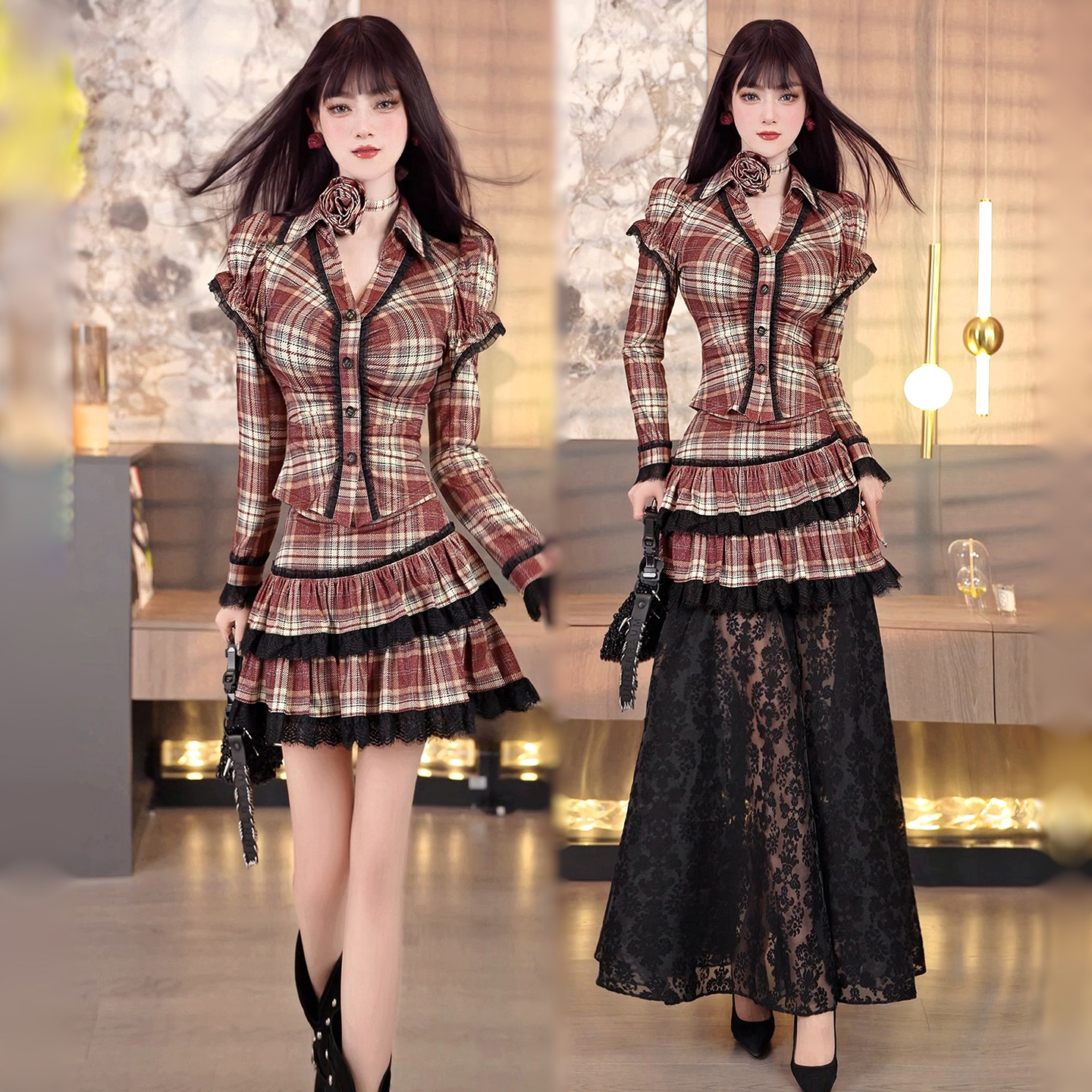 春季格纹蕾丝拼接小衫可脱卸裙摆两穿半身裙两件套2026小众套装裙