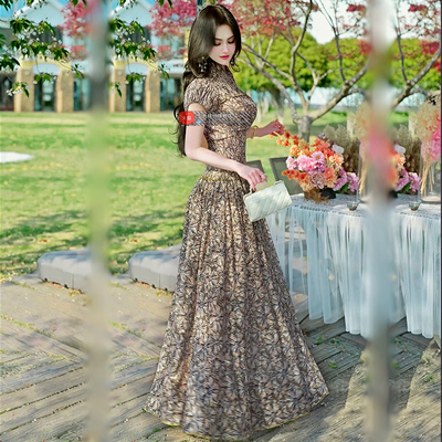 夏季设计感印花抽皱过膝长裙2025新款时尚女神范收腰网纱连衣裙