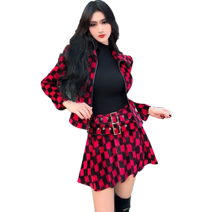 型色缤纷时尚百褶A字半身裙裤冬季欧美红黑格子高腰包臀短裙