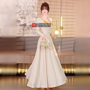 欧美小众时尚 荡领褶皱镂空设计感长裙 拼接性感收腰连衣裙2026新款