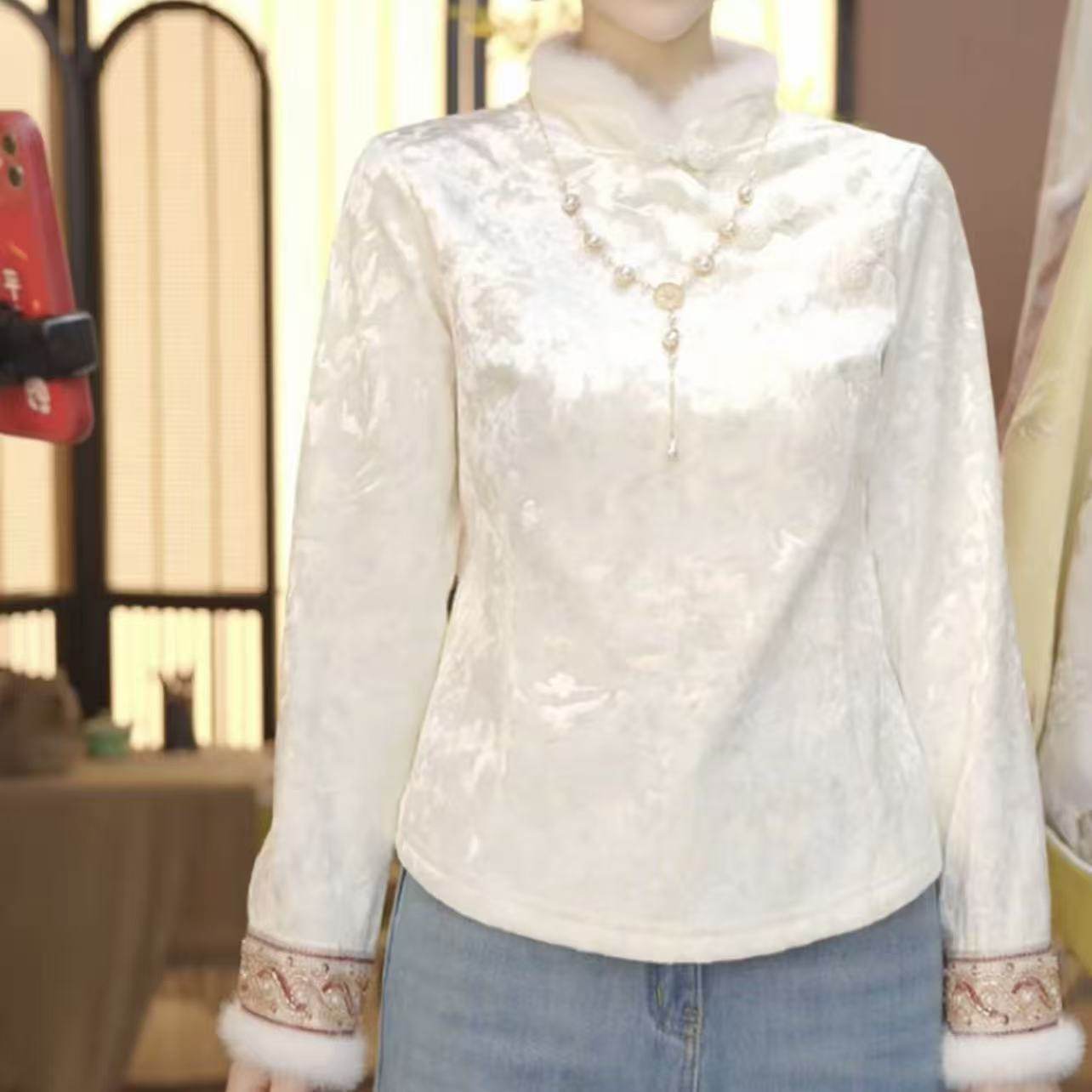 2025冬季新款中式加绒加厚提花高定精致钉珠花边水貂毛百搭上衣女,女装/女士精品,T恤,淘宝优惠券,粉丝福利购,淘宝优惠卷