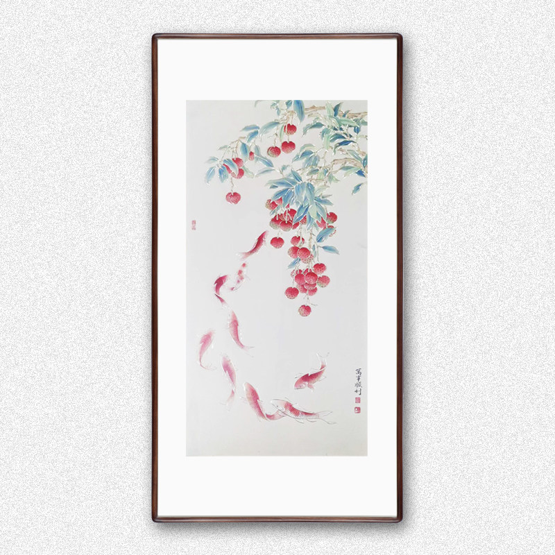 铜雕画《荔枝九鱼图》新中式入户玄关装饰画走廊餐厅挂画手工錾刻