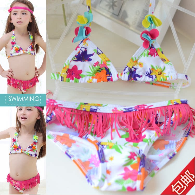 泳装分体婴儿童可爱宝宝女童游泳衣流苏系带比基尼花朵度假沙滩