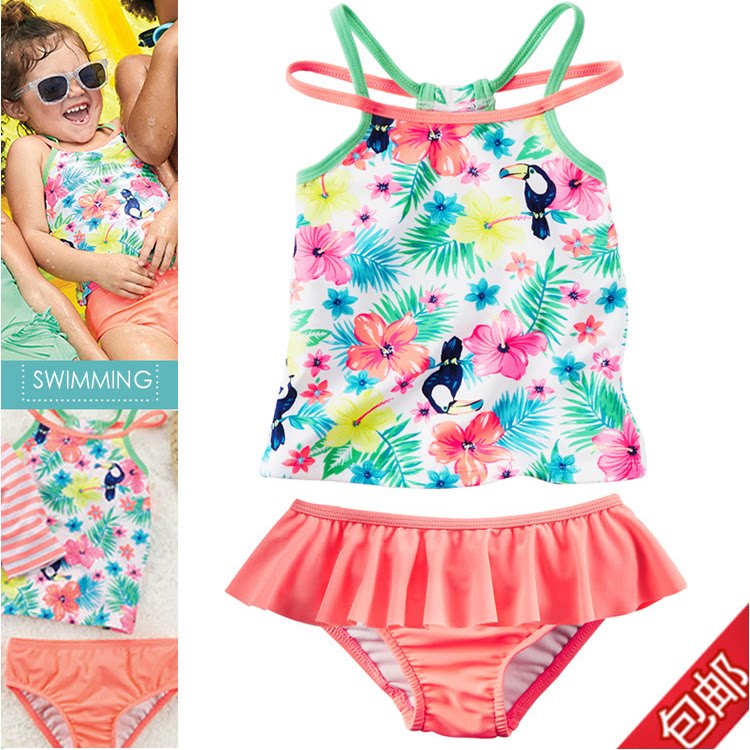 女童分体可爱泳装游泳衣婴儿童小宝宝裙式多层荷印花海边温泉细带