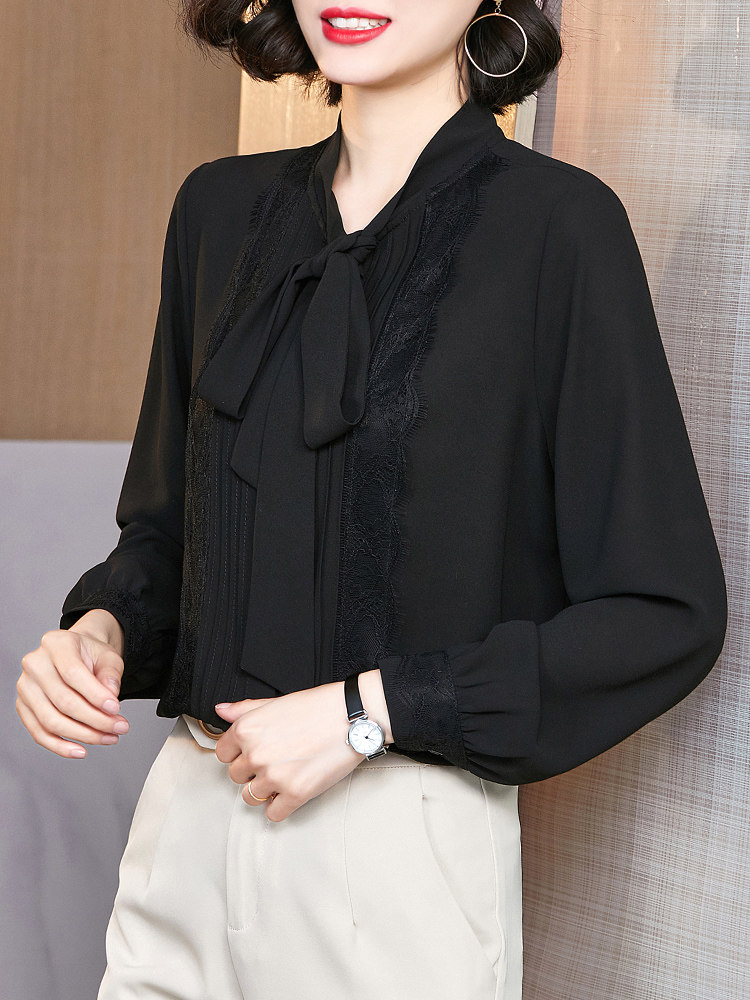 蝴蝶结衬衫女2020秋季新款黑色衬衣洋气长袖韩版气质女士雪纺上衣