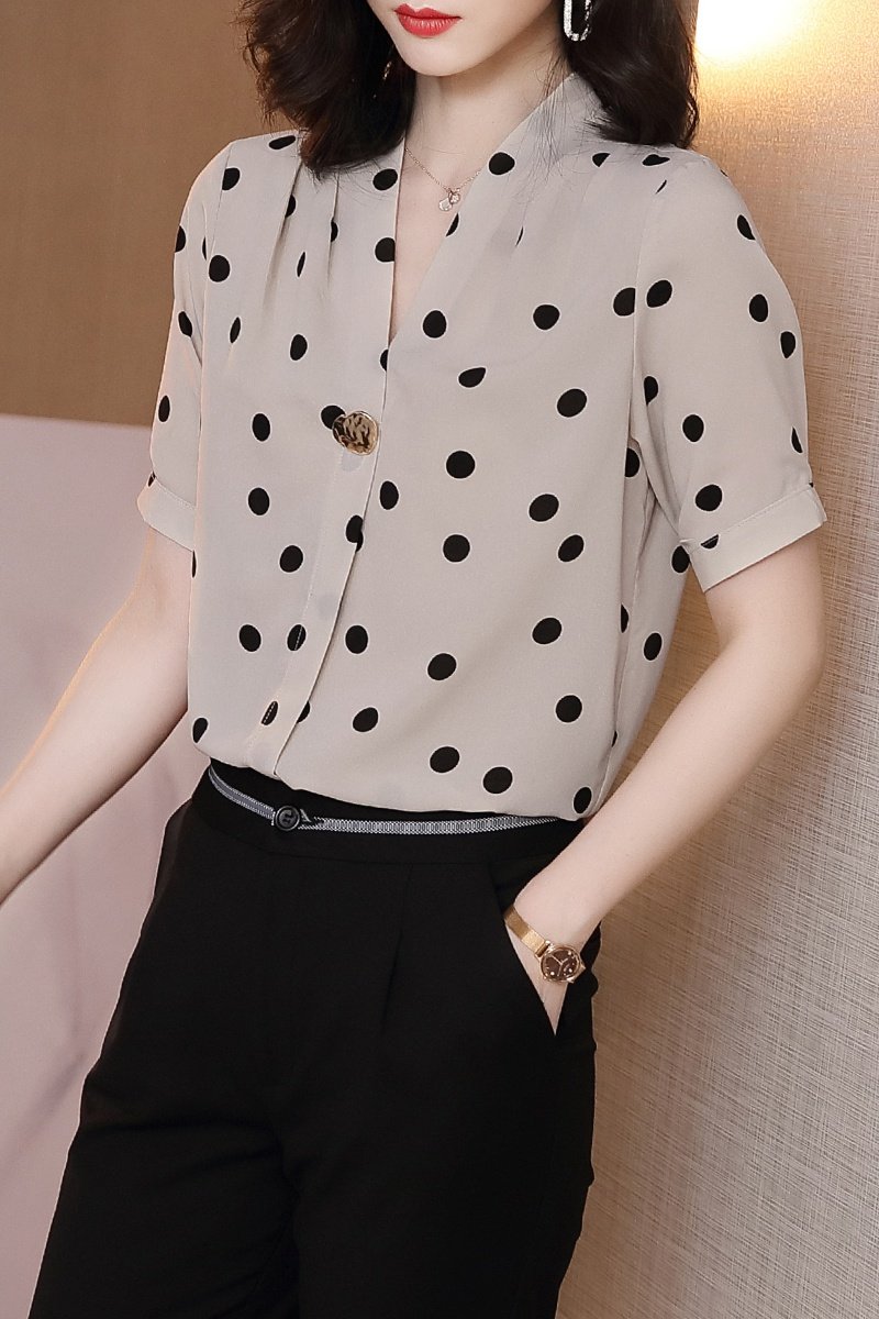 波点上衣女2020夏季新款时尚V领洋气宽松韩版气质雪纺衬衫女短袖