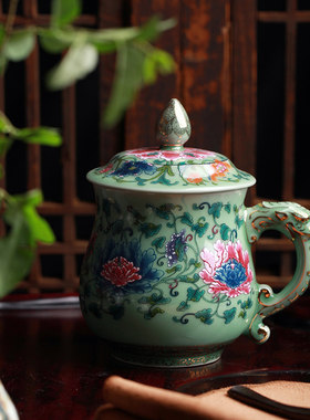 红鑫彩绘青瓷带盖茶杯夫妻
