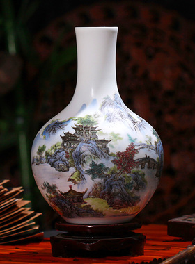 景德镇陶瓷器山水花瓶古典时尚