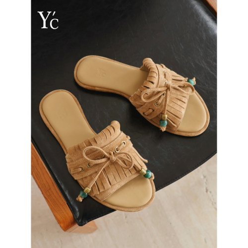 YC夏新款复古流苏勃肯一字拖女