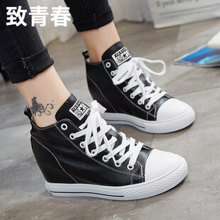 女内增高8cm系带百搭坡跟运动休闲鞋 真皮厚底高帮鞋 新款 2025春季