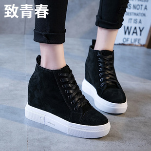 百搭系带休闲松糕鞋 内增高女鞋 女厚底2023年春季 欧洲站真皮高帮鞋