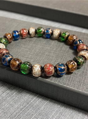 九华山香灰琉璃手串金棕色绿色宫廷单圈五色混红蓝黄白棕同款手链