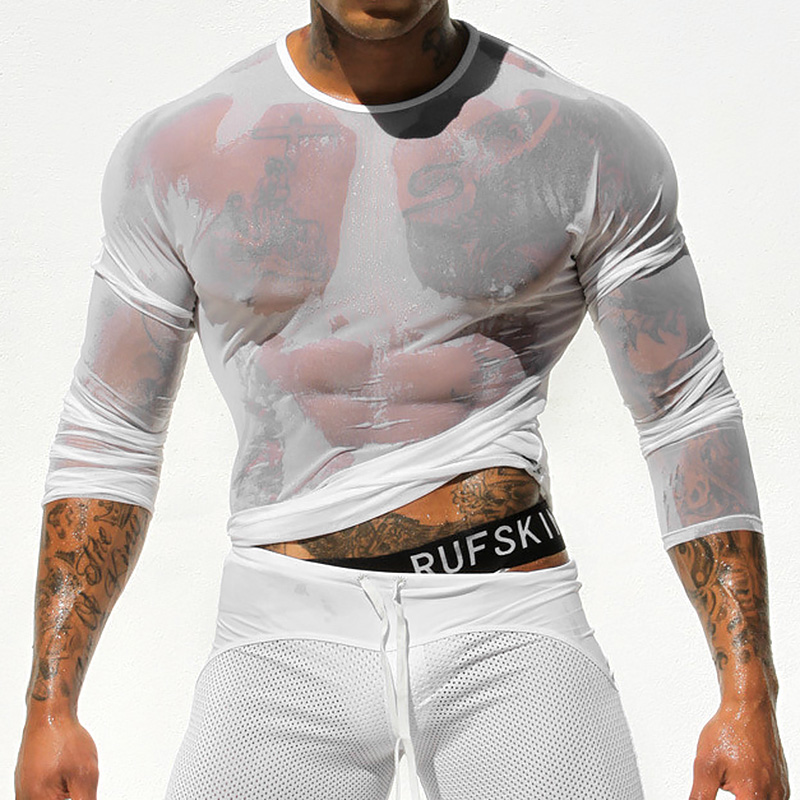 超薄透视网纱ins潮上衣打底衫透明男士长袖T恤纯色修身性感男装夏