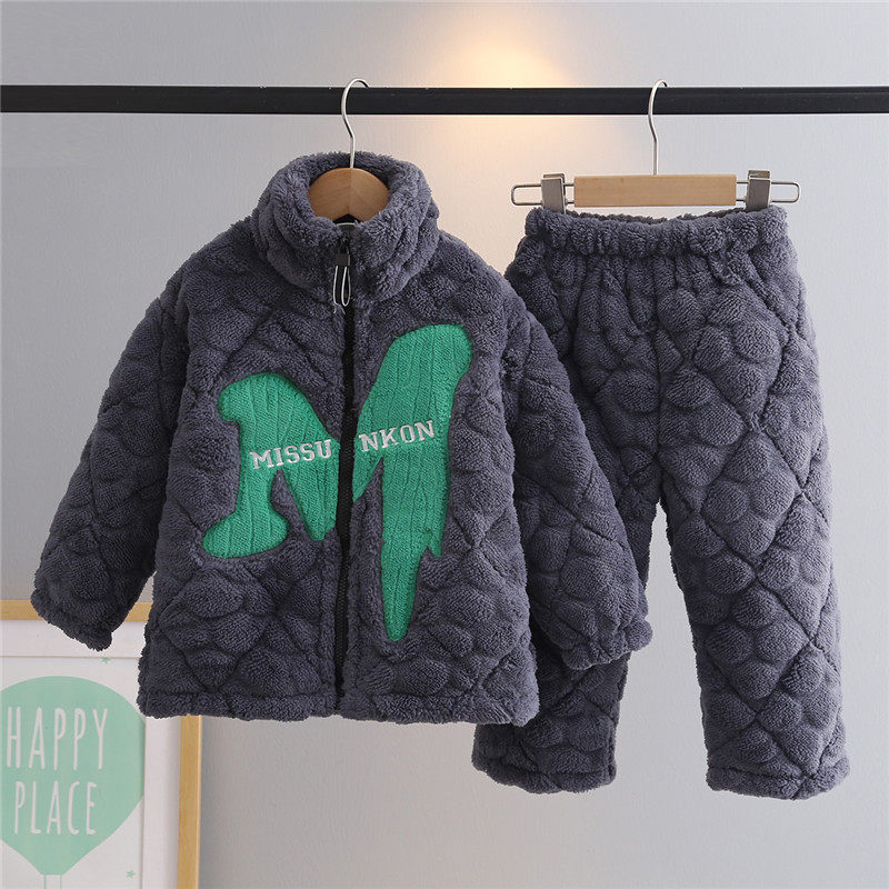 儿童睡衣冬季加厚款男童珊瑚绒男孩三层夹棉冬款加绒中大童家居服