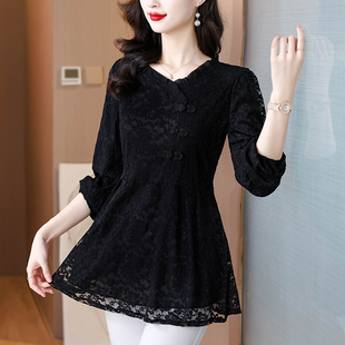 新中式蕾丝裙摆上衣女秋冬加绒保暖中长款t恤大码宽松妈妈打底衫