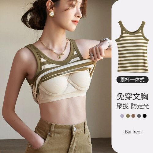 吊带背心女带胸垫内搭条纹美背内衣文胸一体运动外穿无袖打底上衣