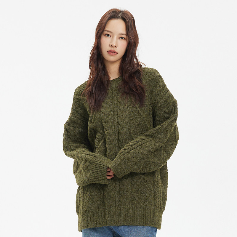 psy psyche深绿色麻花编织毛衣休闲男女情侣宽松重磅圆领套头上衣