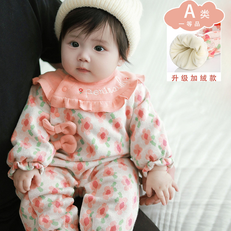 婴儿加绒加厚小碎花连体衣爬服