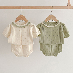 婴儿衣服洋气小套装镂空女宝宝分体T恤外出服百天周岁礼服夏季