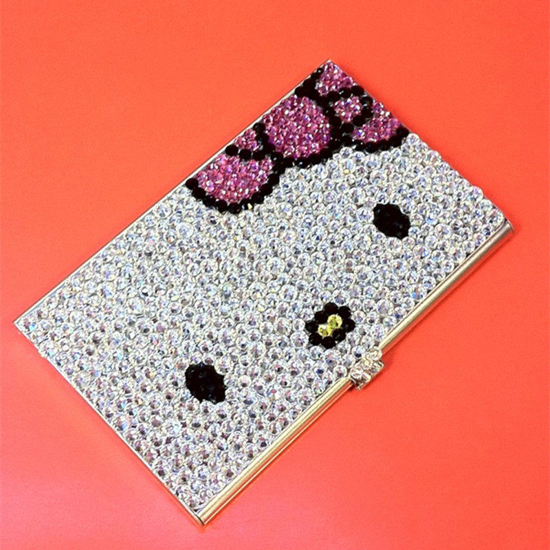 包邮 日韩订做HELLO KITTY水钻名片盒镶钻不锈钢名片夹镶钻名片盒