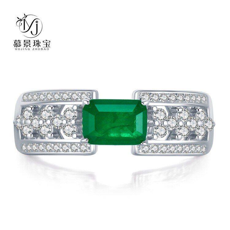 慕景新款2023新款S925银一克拉祖母绿精工满钻微镶戒指欧美跨境
