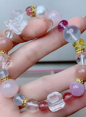天然水晶手链女天然多宝水晶手串女款发晶粉晶草莓晶醒狮手串