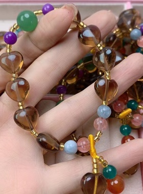 天然茶色水晶多宝手串爱心款原创手工招桃花招财转运手链