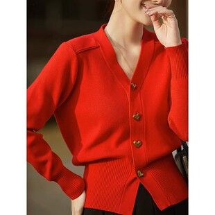 本命年红色小香风针织开衫女秋冬新款高级感气质显瘦百搭毛衣外套