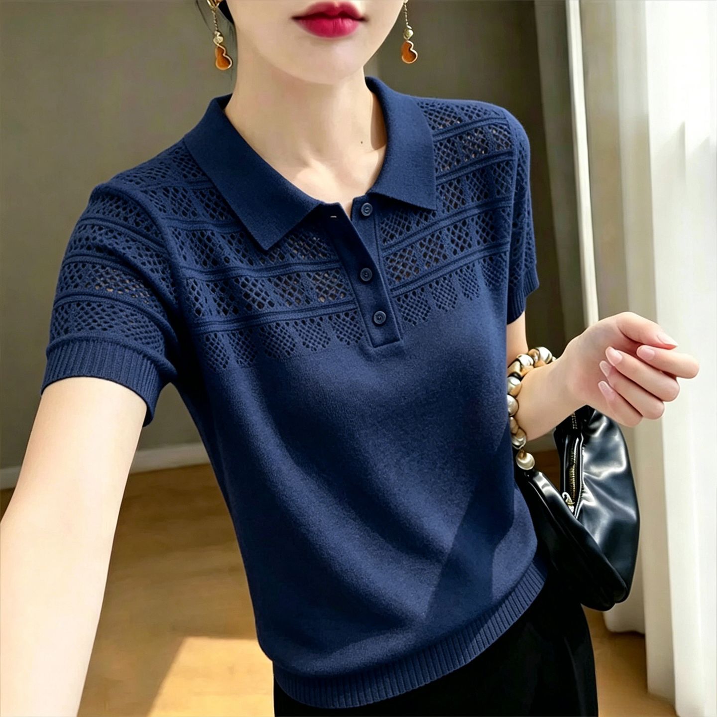 Polo领镂空针织衫短袖遮肚上衣女