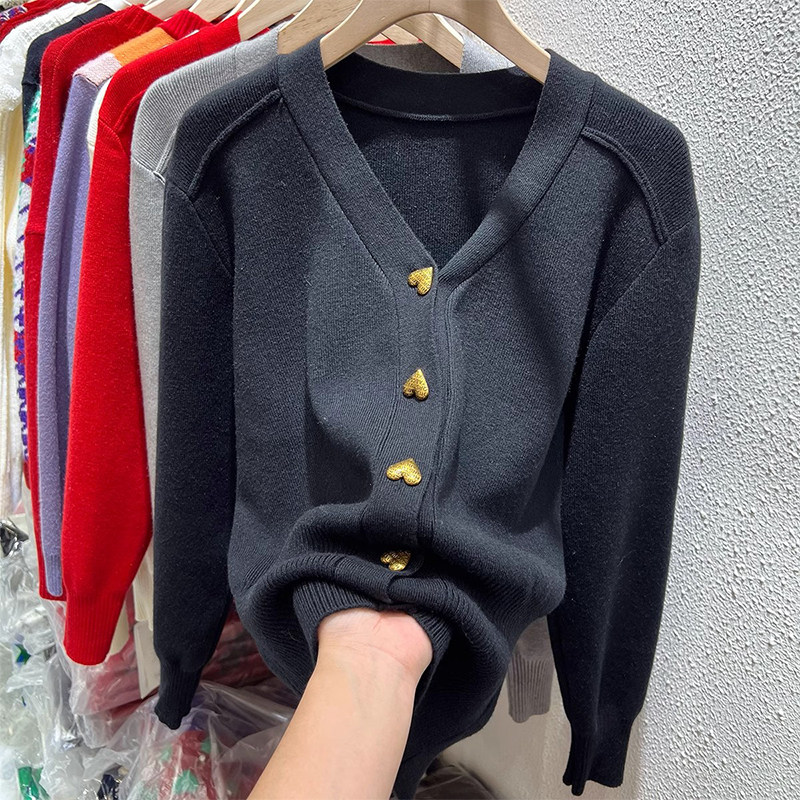 黑色V领针织开衫设计感毛衣外套