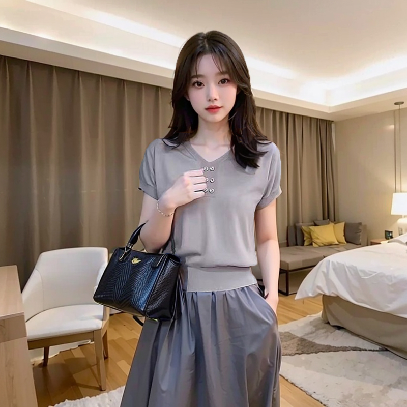 减龄百搭V领套头针织衫T恤夏季新款女装宽松显瘦短袖薄款上衣内搭