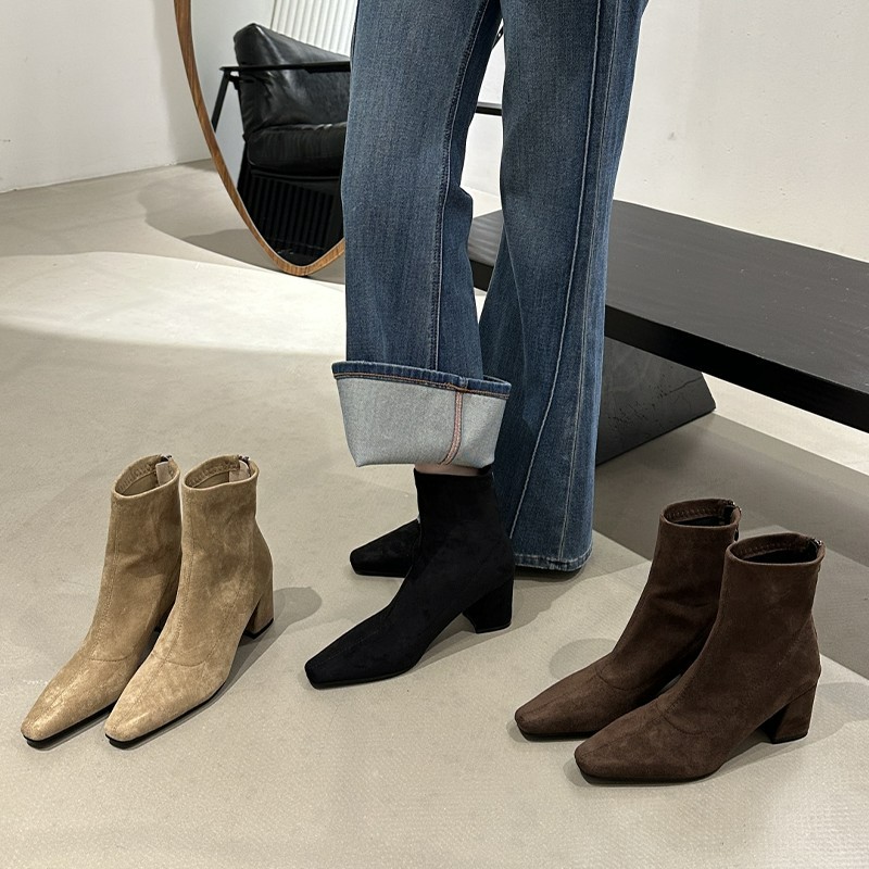 法式方头粗跟绒面瘦瘦靴马丁靴鞋