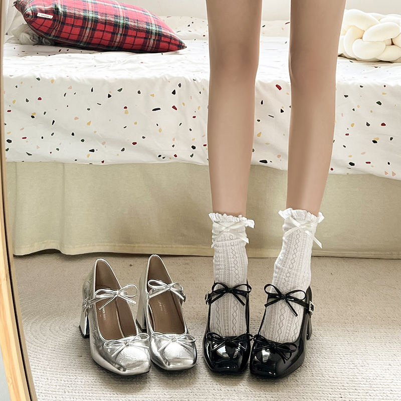 高跟鞋法式粗跟蝴蝶结玛丽珍气质