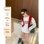 小宜定制 漫感美式T·美式字母刺绣白色T恤 宽松圆领假两件长袖