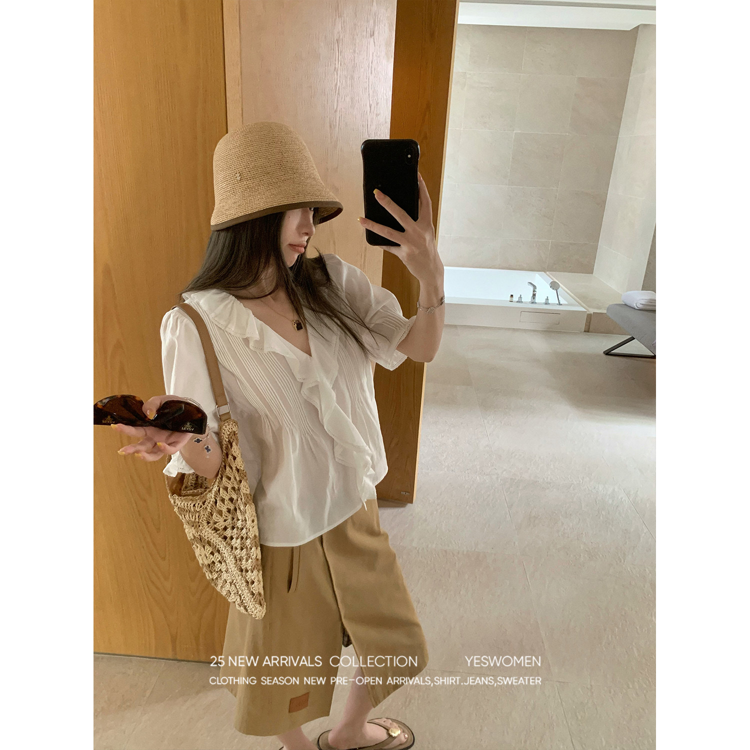 小宜定制 南法清晨·夏季新款黄色荷叶边设计感短袖衬衫女上衣