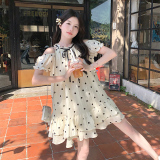 法式甜美露肩波点连衣裙女2025夏季新款休闲小个子显瘦减龄娃娃裙，女装连衣裙，2C006