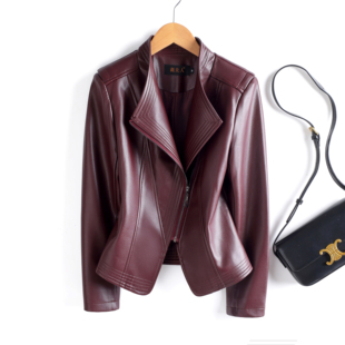 海宁真皮皮衣女短款斜拉链绵羊皮长袖时尚立领夹克机车服外套春秋