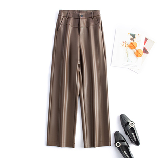 松紧高腰百搭直筒休闲长裤 2024秋冬新款 女真皮皮裤 海宁绵羊皮皮裤