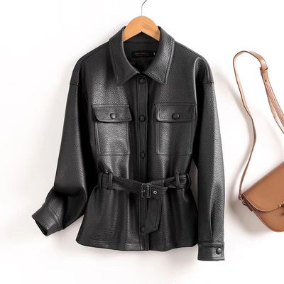 明星同款黑色皮衣女系带洋气外套
