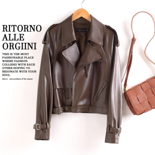 宽松廓肩机车绵羊皮夹克 韩版 海宁真皮皮衣外套女短款 2025春秋新款