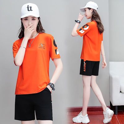 大码休闲运动服套装女夏短袖短裤