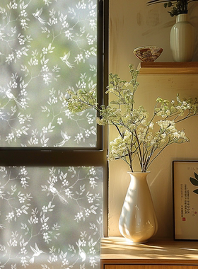 Funlife《chinoiserie》 法式中国风白色花鸟磨砂静电膜窗贴免胶