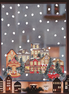 Merry Christmas!欢乐圣诞颂雪人小屋插画窗花静电膜窗贴