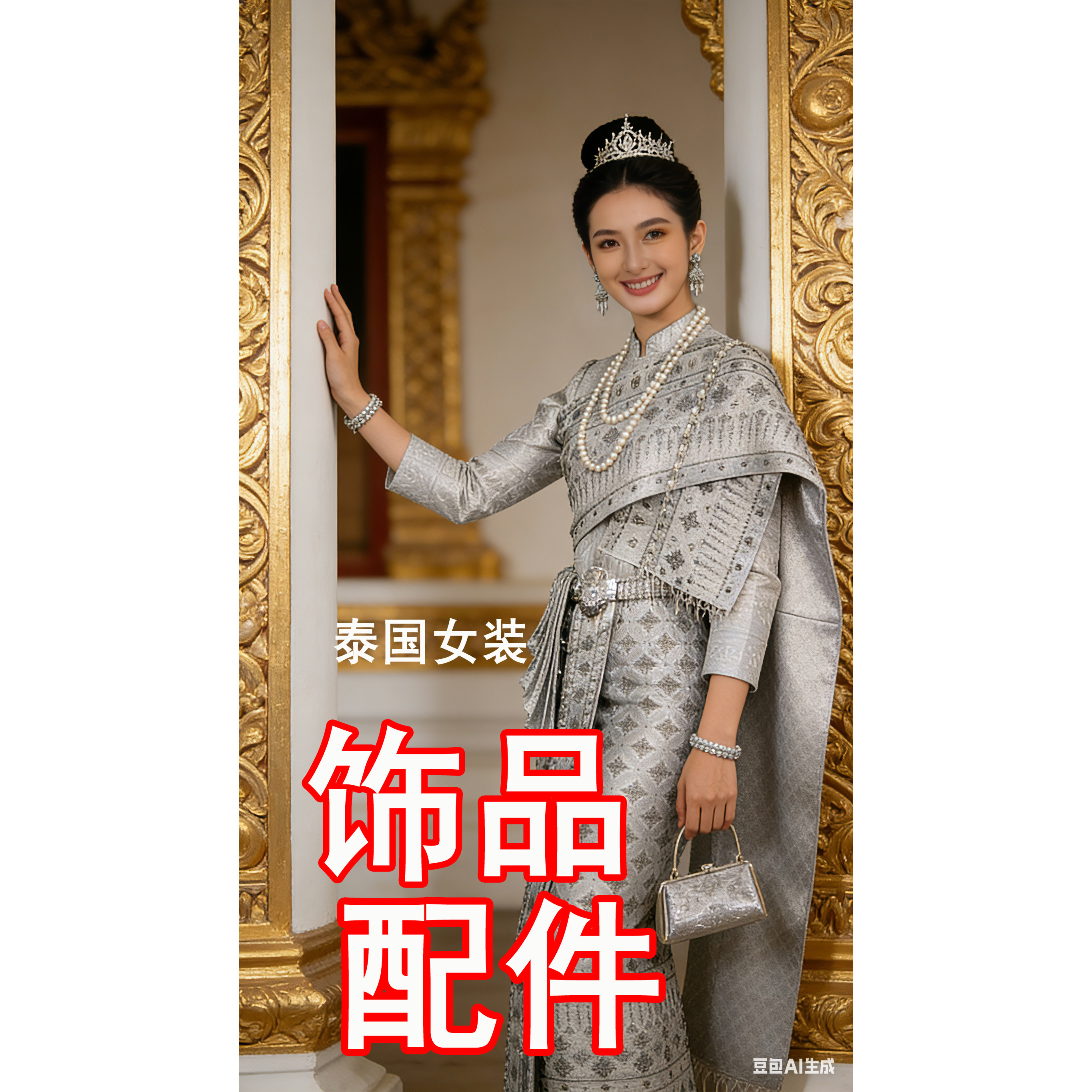 泰国服装配件配饰女套装银白色皇冠腰带腰链手镯珍珠项链假发包