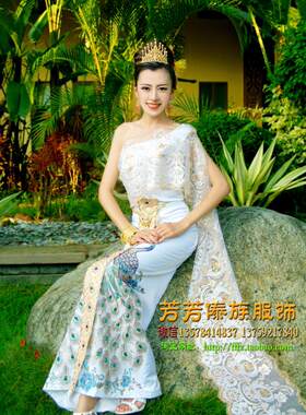 傣王妃孔雀甜美无袖单肩婚纱礼服