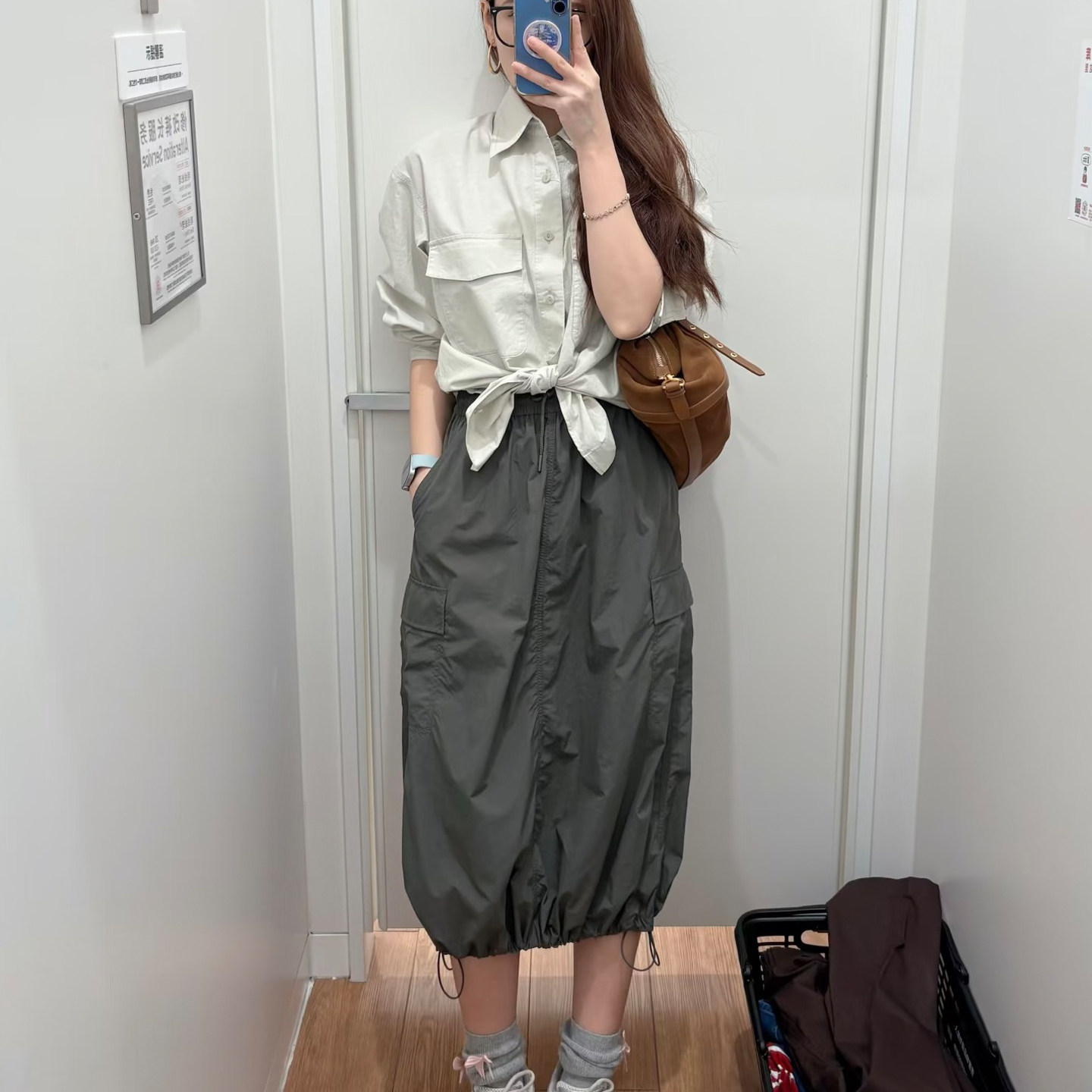 原单品质女装休闲26春夏口袋系带半身裙宽松直筒裙工装裙487792