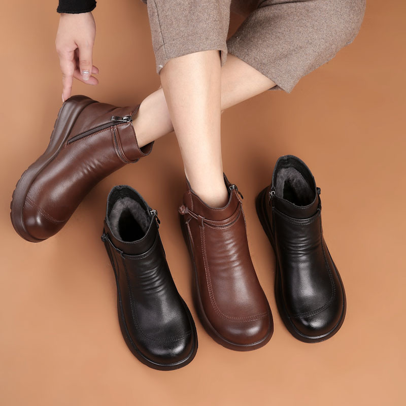 秋冬款奥伦真皮软底新款妈妈棉鞋冬季加绒保暖短靴中老女鞋