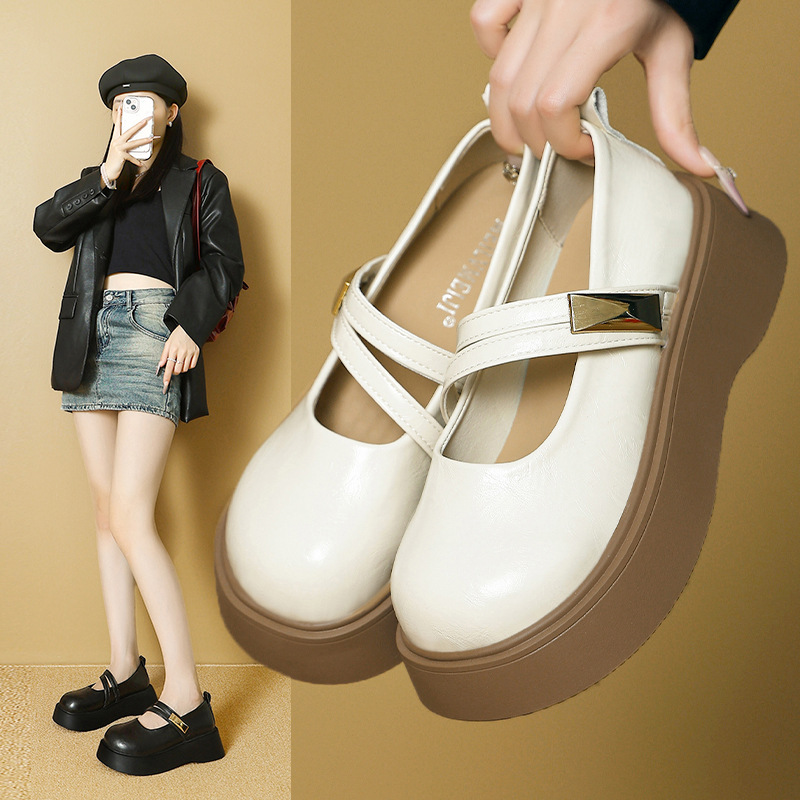 玛丽珍女鞋秋季2025新款配裙子大头单鞋子松糕厚底法式黑色小皮鞋